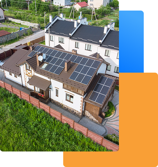 Photo aerial view of house with solar roof clean energy