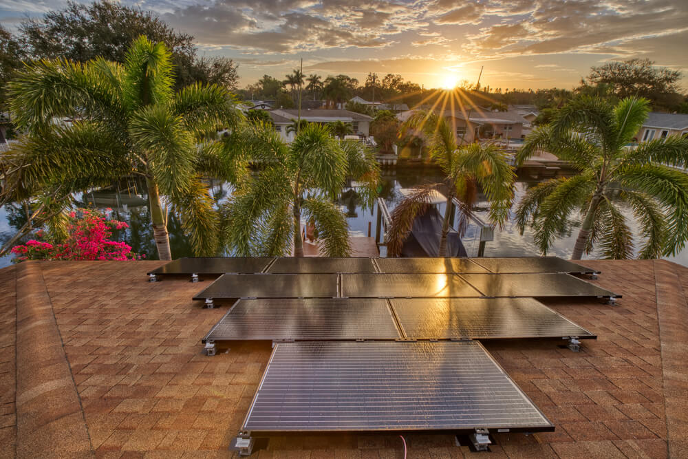 Solar panels on a residential house in Florida as the sun is rising.
